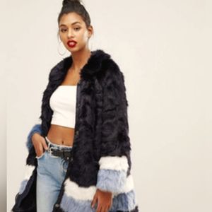 Pretty Little Thing Contrast Stripe Faux Fur Coat in Black/White/ Blue US size 2